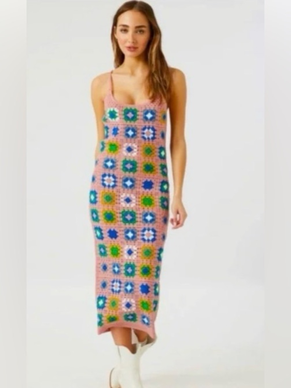 Forever 21 Pink Crochet Maxi Dress with Blue & Green Motifs